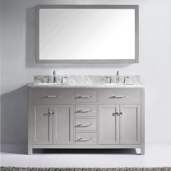 Caroline 60" Double Bath Vanity in Cashmere Gray with White Marble Top and Round Sinks and Matching Mirror