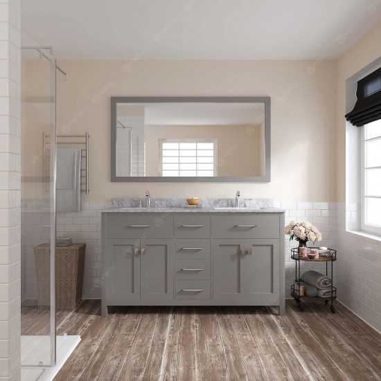 Caroline 60" Double Bath Vanity in Cashmere Gray with White Marble Top and Round Sinks and Matching Mirror