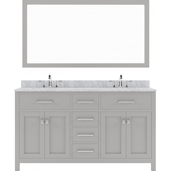 Caroline 60" Double Bath Vanity in Cashmere Gray with White Marble Top and Round Sinks with Brushed Nickel Faucets and Mirror