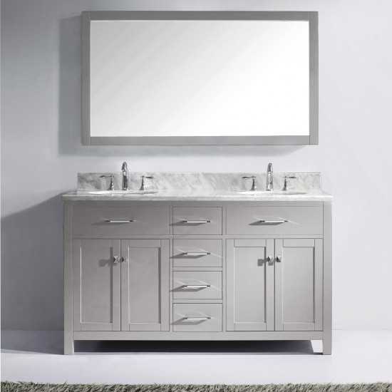 Caroline 60" Double Bath Vanity in Cashmere Gray with White Marble Top and Round Sinks with Brushed Nickel Faucets and Mirror