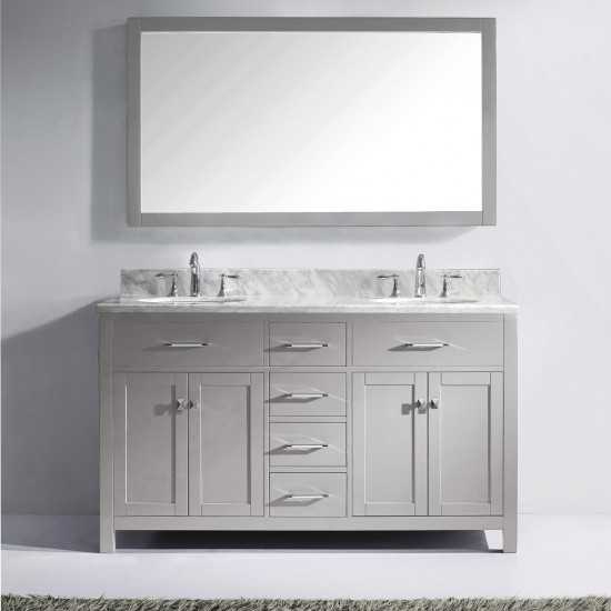 Caroline 60" Double Bath Vanity in Cashmere Gray with White Marble Top and Round Sinks with Brushed Nickel Faucets