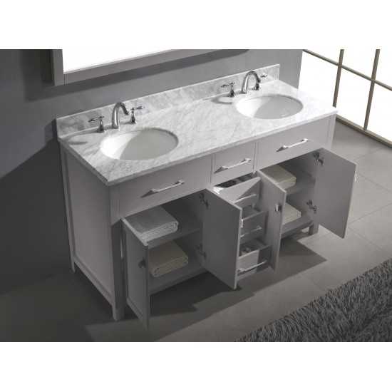 Caroline 60" Double Bath Vanity in Cashmere Gray with White Marble Top and Round Sinks with Polished Chrome Faucets and Mirro