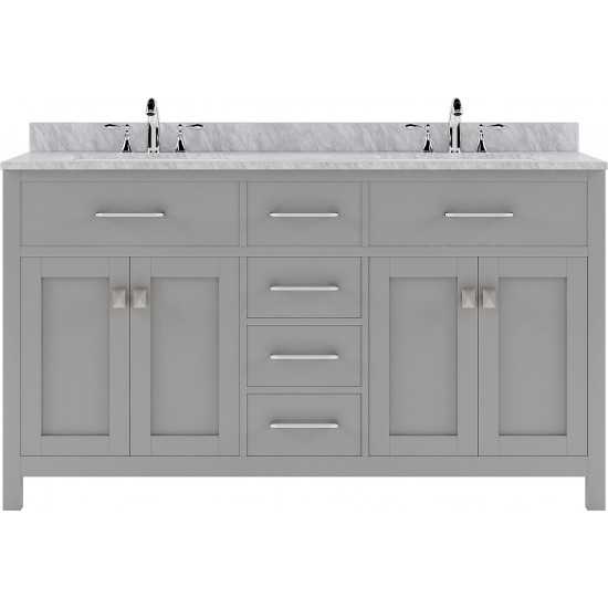 Caroline 60" Double Bath Vanity in Cashmere Gray with White Marble Top and Round Sinks with Polished Chrome Faucets