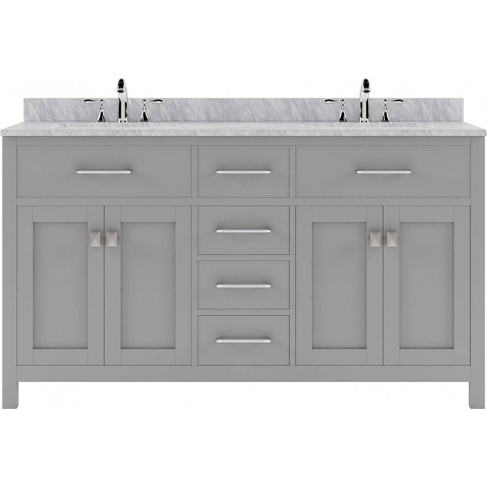 Caroline 60" Double Bath Vanity in Cashmere Gray with White Marble Top and Round Sinks