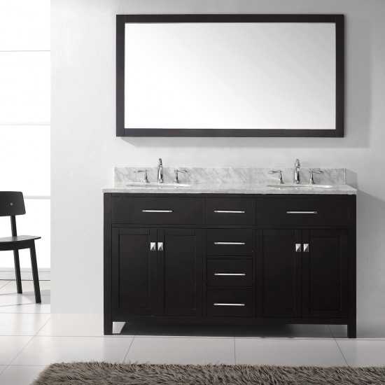 Caroline 60" Double Bath Vanity in Espresso with White Marble Top and Round Sinks and Matching Mirror