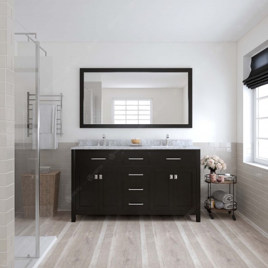 Caroline 60" Double Bath Vanity in Espresso with White Marble Top and Round Sinks and Matching Mirror