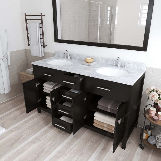 Caroline 60" Double Bath Vanity in Espresso with White Marble Top and Round Sinks and Matching Mirror