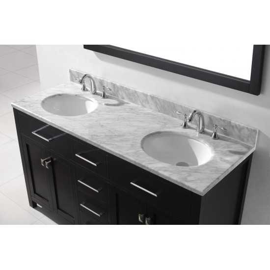Caroline 60" Double Bath Vanity in Espresso with White Marble Top and Round Sinks and Matching Mirror