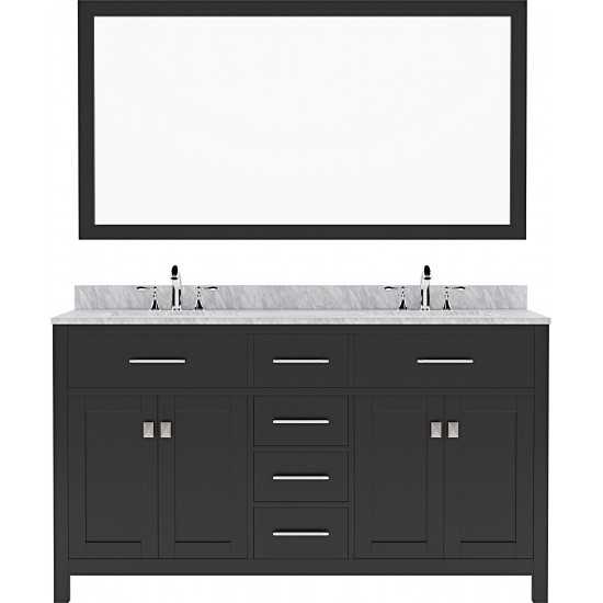 Caroline 60" Double Bath Vanity in Espresso with White Marble Top and Round Sinks with Brushed Nickel Faucets and Mirror