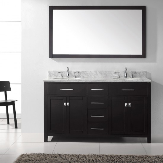 Caroline 60" Double Bath Vanity in Espresso with White Marble Top and Round Sinks with Brushed Nickel Faucets and Mirror