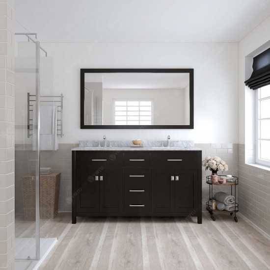 Caroline 60" Double Bath Vanity in Espresso with White Marble Top and Round Sinks with Brushed Nickel Faucets and Mirror