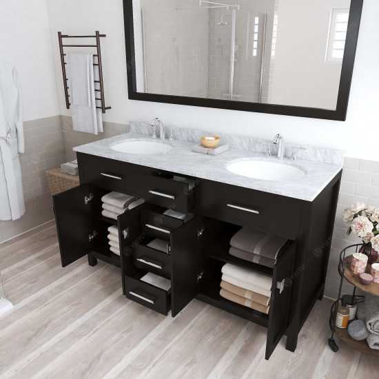 Caroline 60" Double Bath Vanity in Espresso with White Marble Top and Round Sinks with Brushed Nickel Faucets and Mirror