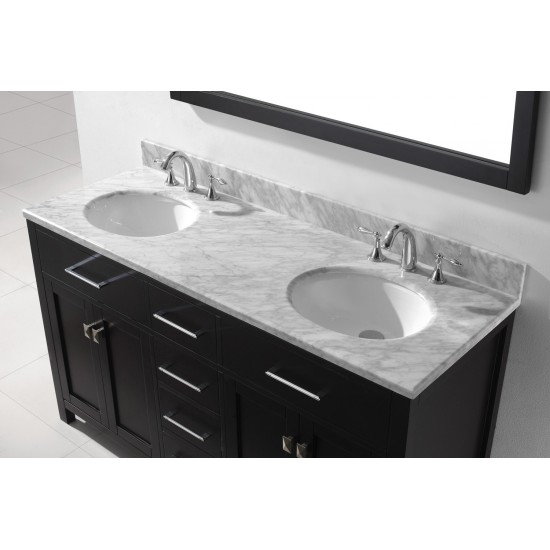 Caroline 60" Double Bath Vanity in Espresso with White Marble Top and Round Sinks with Brushed Nickel Faucets and Mirror