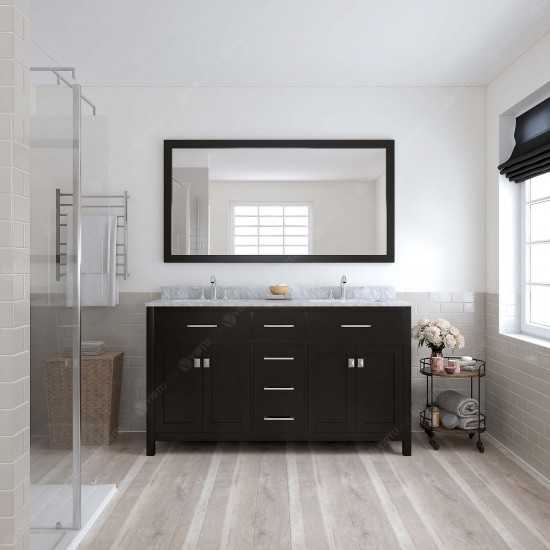 Caroline 60" Double Bath Vanity in Espresso with White Marble Top and Round Sinks with Polished Chrome Faucets and Mirror