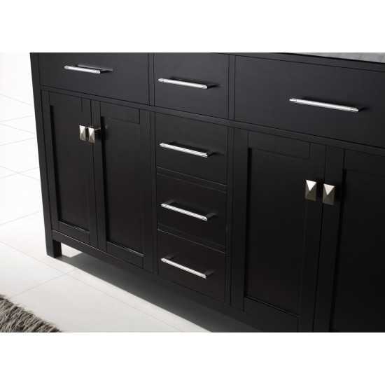 Caroline 60" Double Bath Vanity in Espresso with White Marble Top and Round Sinks with Polished Chrome Faucets and Mirror
