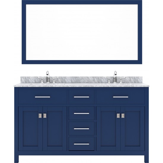 Caroline 60" Double Bath Vanity in French Blue with White Marble Top and Round Sinks and Matching Mirror