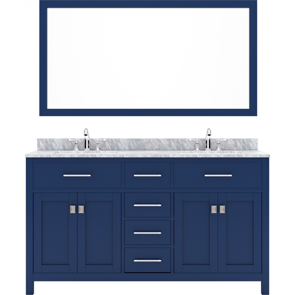 Caroline 60" Double Bath Vanity in French Blue with White Marble Top and Round Sinks and Matching Mirror