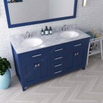 Caroline 60" Double Bath Vanity in French Blue with White Marble Top and Round Sinks and Matching Mirror