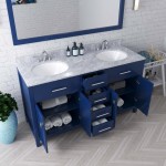 Caroline 60" Double Bath Vanity in French Blue with White Marble Top and Round Sinks and Matching Mirror