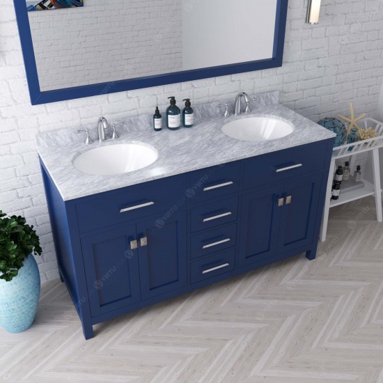 Caroline 60" Double Bath Vanity in French Blue with White Marble Top and Round Sinks with Brushed Nickel Faucets and Mirror