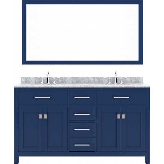 Caroline 60" Double Bath Vanity in French Blue with White Marble Top and Round Sinks with Polished Chrome Faucets and Mirror