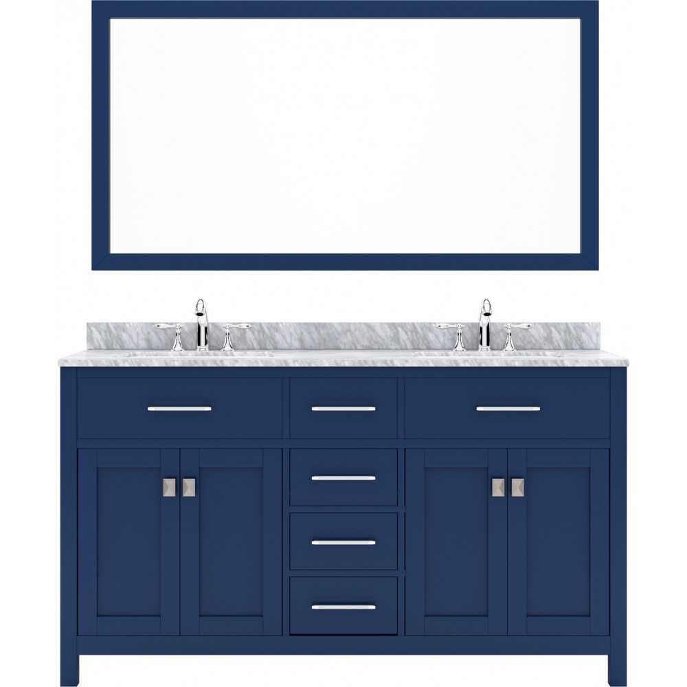 Caroline 60" Double Bath Vanity in French Blue with White Marble Top and Round Sinks with Polished Chrome Faucets and Mirror