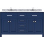 Caroline 60" Double Bath Vanity in French Blue with White Marble Top and Round Sinks