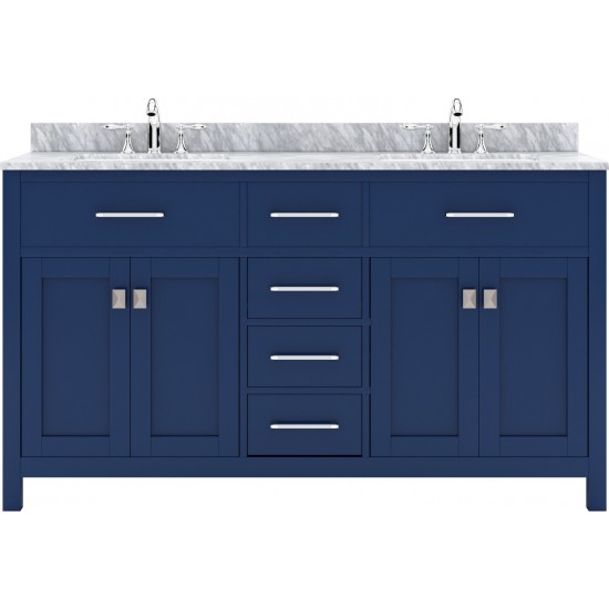 Caroline 60" Double Bath Vanity in French Blue with White Marble Top and Round Sinks