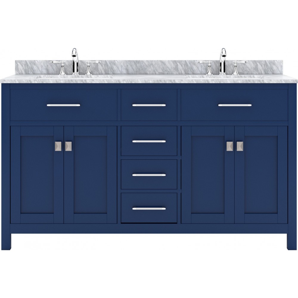 Caroline 60" Double Bath Vanity in French Blue with White Marble Top and Round Sinks