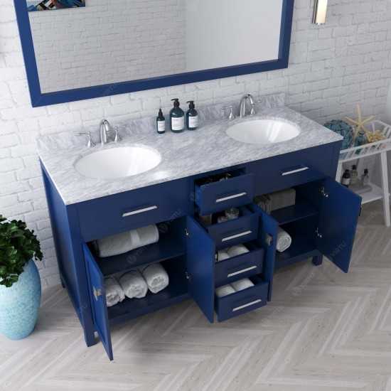 Caroline 60" Double Bath Vanity in French Blue with White Marble Top and Round Sinks