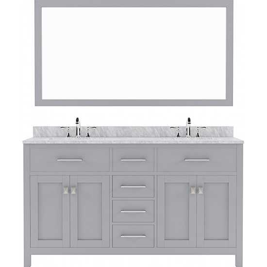 Caroline 60" Double Bath Vanity in Gray with White Marble Top and Round Sinks and Matching Mirror