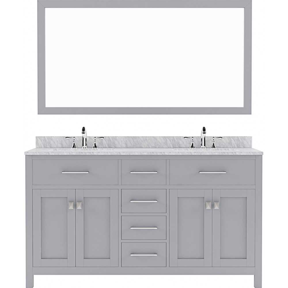 Caroline 60" Double Bath Vanity in Gray with White Marble Top and Round Sinks and Matching Mirror