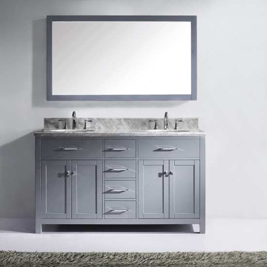 Caroline 60" Double Bath Vanity in Gray with White Marble Top and Round Sinks and Matching Mirror