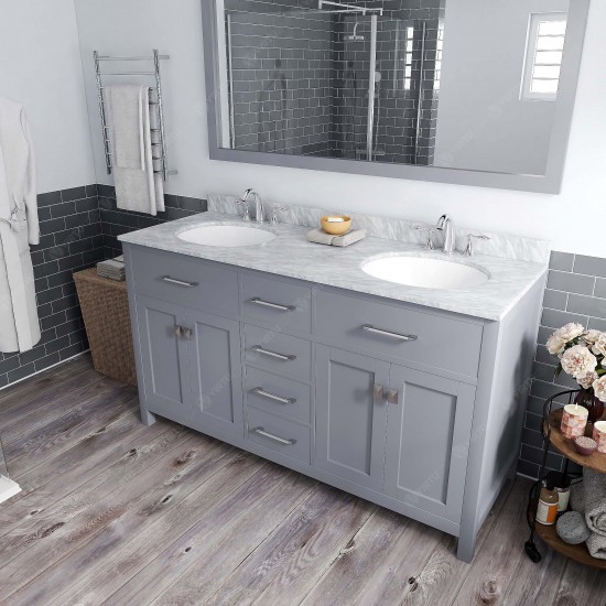 Caroline 60" Double Bath Vanity in Gray with White Marble Top and Round Sinks and Matching Mirror