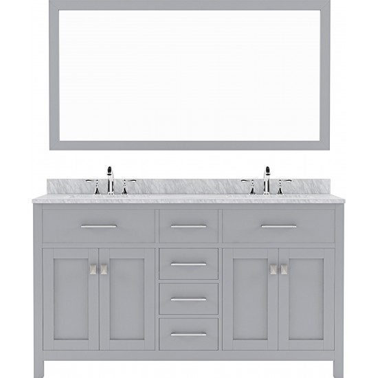 Caroline 60" Double Bath Vanity in Gray with White Marble Top and Round Sinks with Polished Chrome Faucets and Matching Mirro