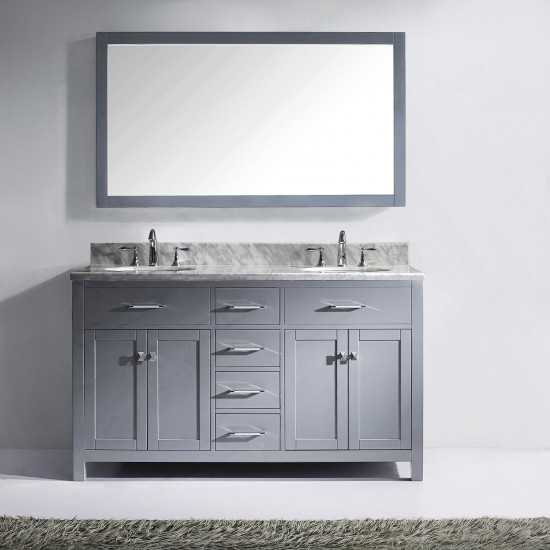 Caroline 60" Double Bath Vanity in Gray with White Marble Top and Round Sinks with Polished Chrome Faucets and Matching Mirro