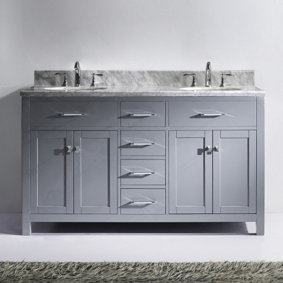 Caroline 60" Double Bath Vanity in Gray with White Marble Top and Round Sinks