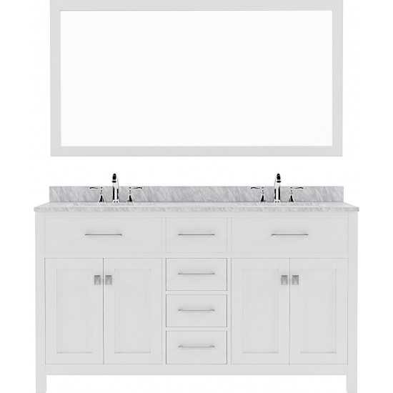 Caroline 60" Double Bath Vanity in White with White Marble Top and Round Sinks and Matching Mirror