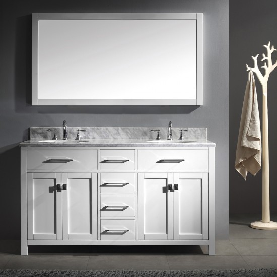 Caroline 60" Double Bath Vanity in White with White Marble Top and Round Sinks and Matching Mirror