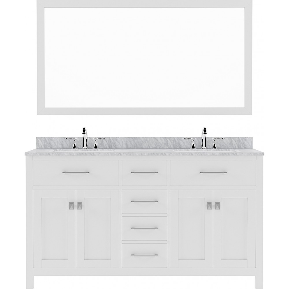 Caroline 60" Double Bath Vanity in White with White Marble Top and Round Sinks with Brushed Nickel Faucets and Matching Mirro