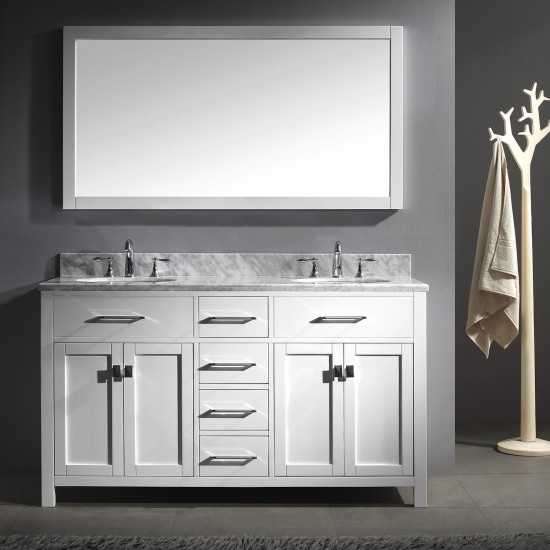 Caroline 60" Double Bath Vanity in White with White Marble Top and Round Sinks with Brushed Nickel Faucets and Matching Mirro