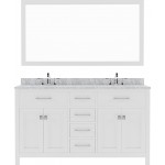 Caroline 60" Double Bath Vanity in White with White Marble Top and Round Sinks with Polished Chrome Faucets and Matching Mirr