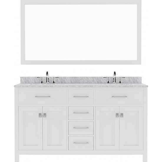 Caroline 60" Double Bath Vanity in White with White Marble Top and Round Sinks with Polished Chrome Faucets and Matching Mirr