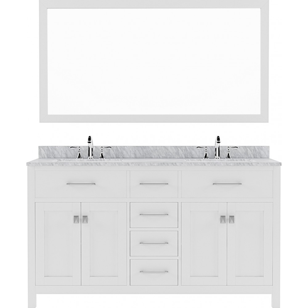 Caroline 60" Double Bath Vanity in White with White Marble Top and Round Sinks with Polished Chrome Faucets and Matching Mirr