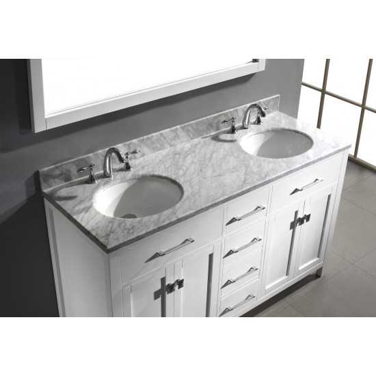 Caroline 60" Double Bath Vanity in White with White Marble Top and Round Sinks with Polished Chrome Faucets and Matching Mirr