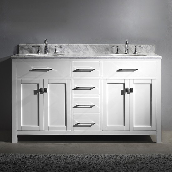 Caroline 60" Double Bath Vanity in White with White Marble Top and Round Sinks