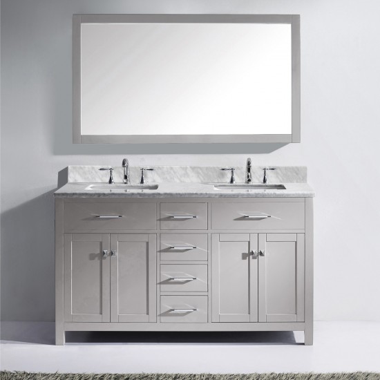 Caroline 60" Double Bath Vanity in Cashmere Gray with White Marble Top and Square Sinks and Matching Mirror