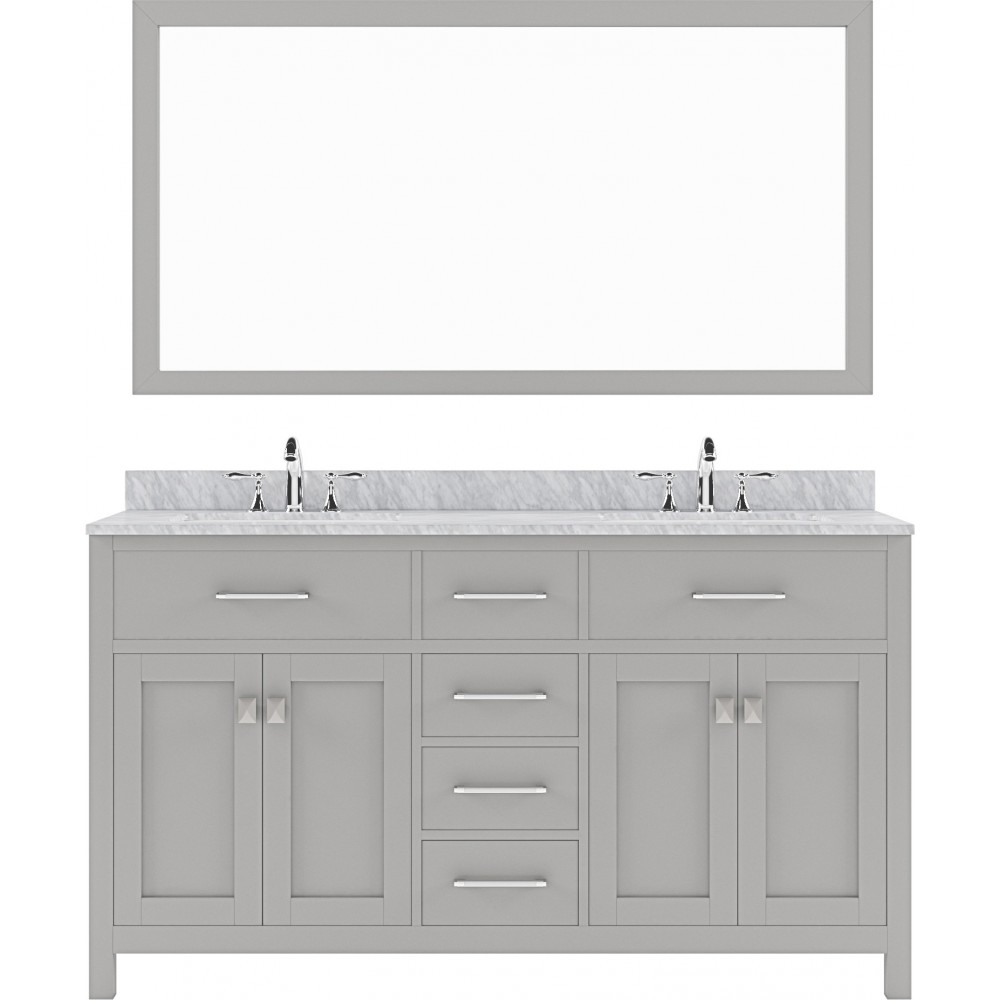 Caroline 60" Double Bath Vanity in Cashmere Gray with White Marble Top and Square Sinks with Brushed Nickel Faucets and Mirro