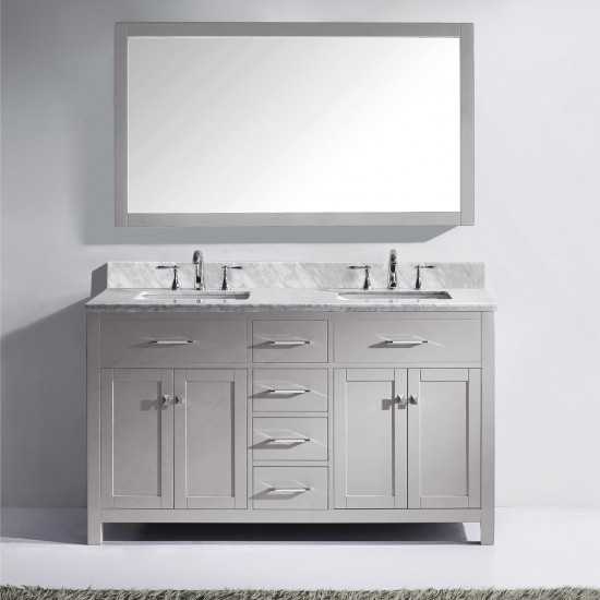 Caroline 60" Double Bath Vanity in Cashmere Gray with White Marble Top and Square Sinks with Brushed Nickel Faucets and Mirro