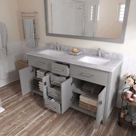 Caroline 60" Double Bath Vanity in Cashmere Gray with White Marble Top and Square Sinks with Brushed Nickel Faucets and Mirro